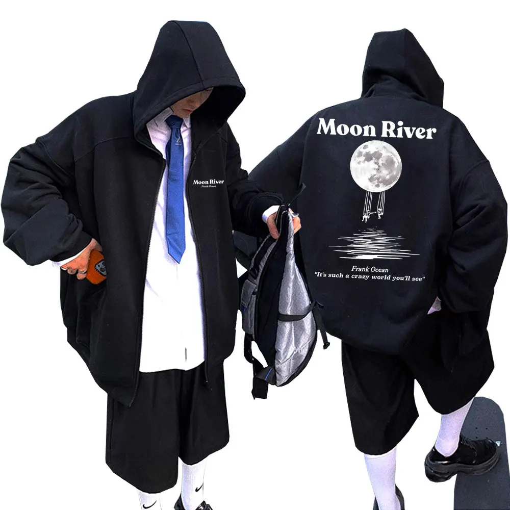 

Rapper Frank Moon River Zipper Hoodie Blond Oversized Zip Up Jacket Ocean Hip Hop Zip Sweatshirt Men's Casual Hip-Hop Streetwear