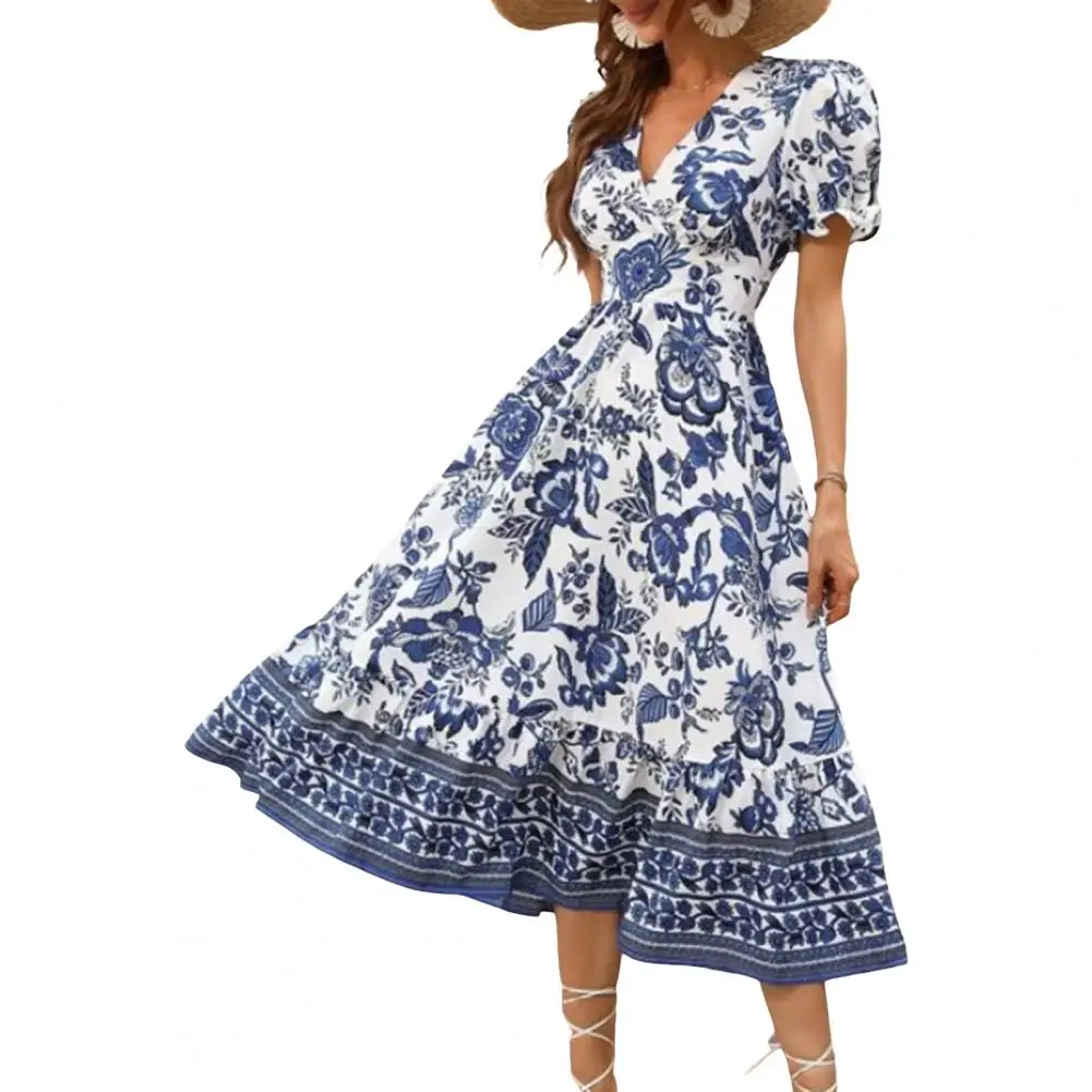 

Women Midi Dress V Neck Short Puff Sleeve Print High Tight Waist A-line Big Swing Prom платье женское летнее