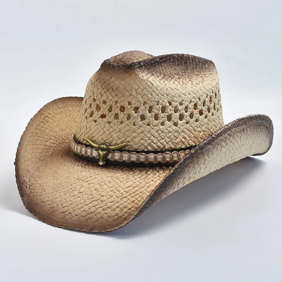 

Hand-woven Natural Straw Western Cowboy Hat for Women Men Summer Curling Brim Beach Sun Hats Shapeable Straw Hat