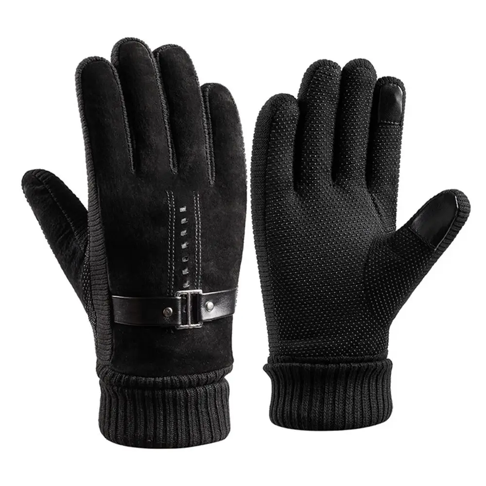 

Outdoor Five Fingers Thicken Windproof Riding Glove Plush Suede Non-slip Winter Gloves PU Leather Korean Mittens Men Gloves