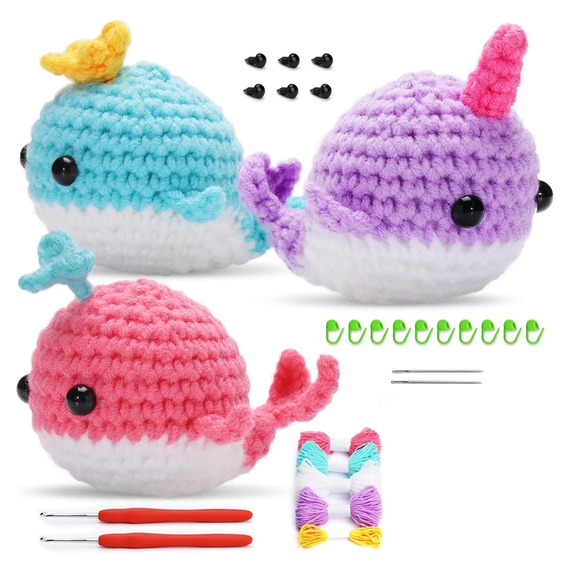 

3 Pcs Colorful Whale Crochet Kit,Cute Crochet Beginner Kit With Video Tutorial,Crochet Hooks,Colored Yarns,Stitch Marker Durable