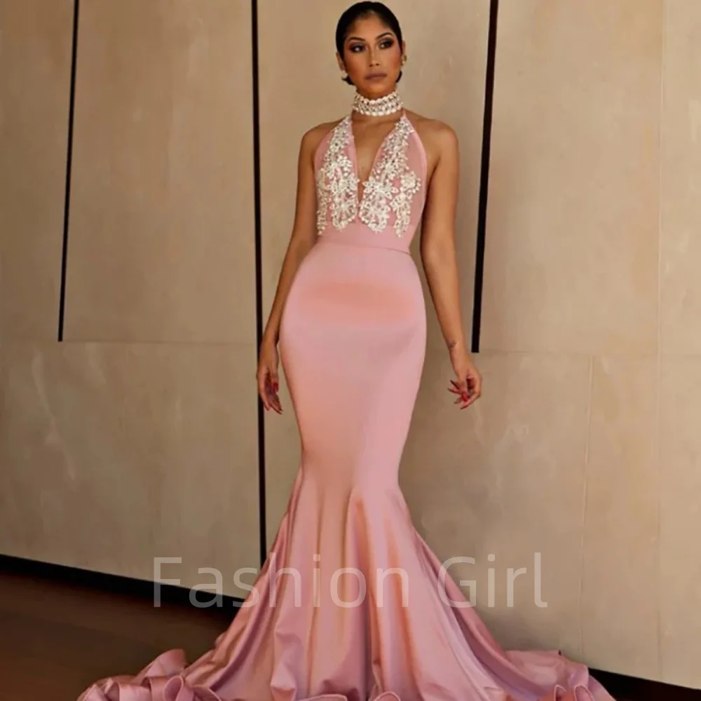 Elegant Pink Satin Prom Dress For Women Sleeveless Halter Floor Length V-Neck White Appliques Beaded Formal Party Gown
Elegant Pink Satin Prom Dress For Women Sleeveless Halter Floor Length V-Neck White Appliques Beaded Formal Party Gown