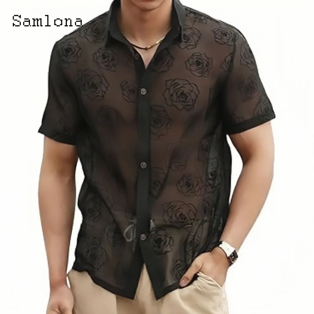 

2024 Men Short Sleeve Casual Beach Shirt America and Europe Fashion Guaze Flower Blouse Masculina Camisa Top blusas Hommes Ropa