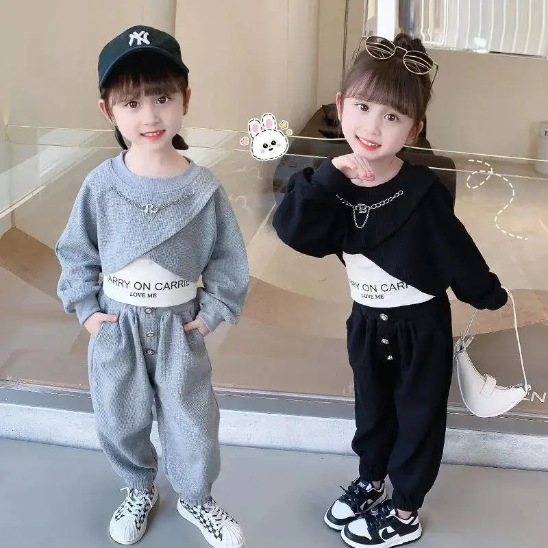 

Baby and Girls Plain Waffle Cropped Sweatshirt+Sweatpant+Alphabet Tee Tops Kids Tracksuit Child 3PCS Outfit Jogger Set 1-12Years