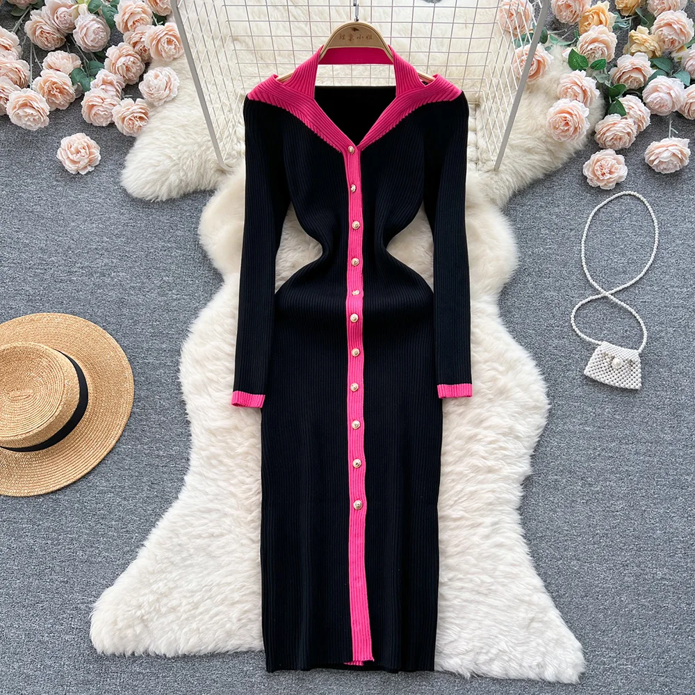 

Croysier Midi Dress For Women Front Contrast Trim Golden Button Ribbed Knitted Dress Long Sleeve V Neck Halter Bodycon Dress