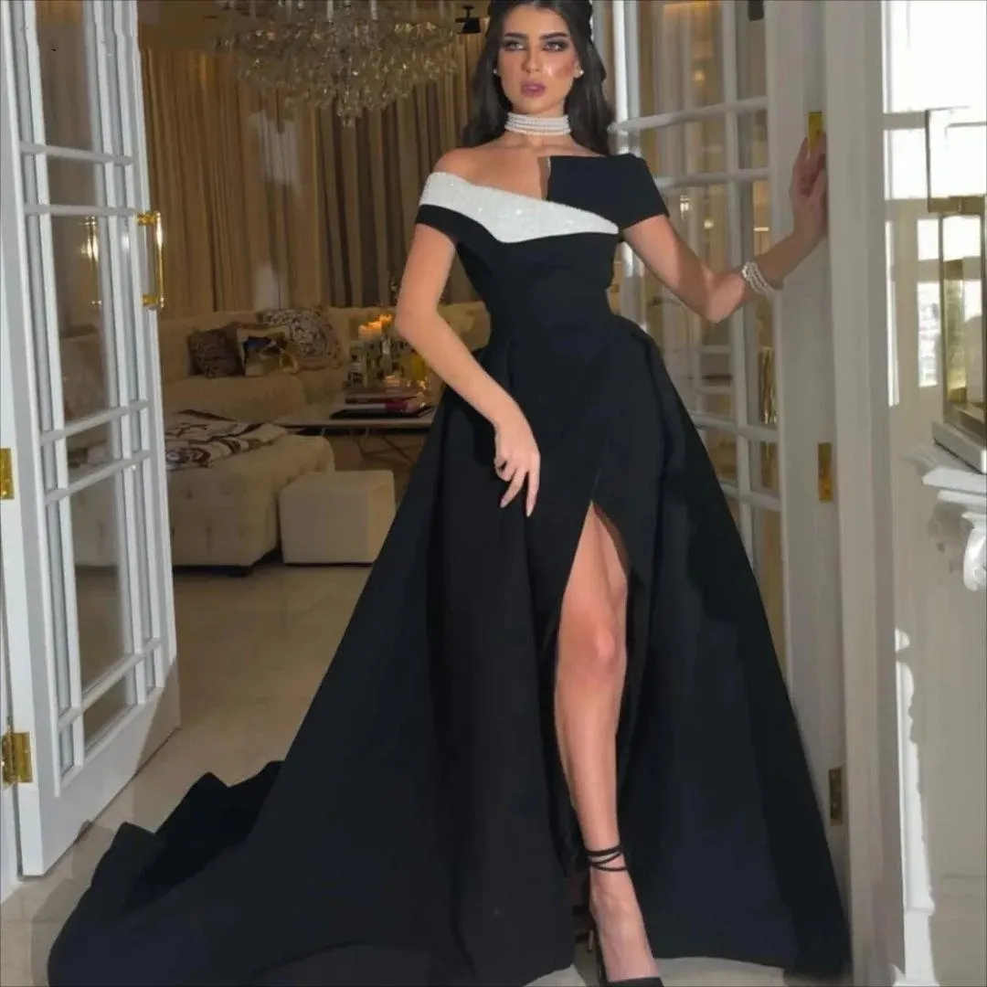 

Flora Dress Black Satin A Line Prom Dresses Off The Shoulder Slit Side Dubai Arabic Formal Evening Party Gowns with Train