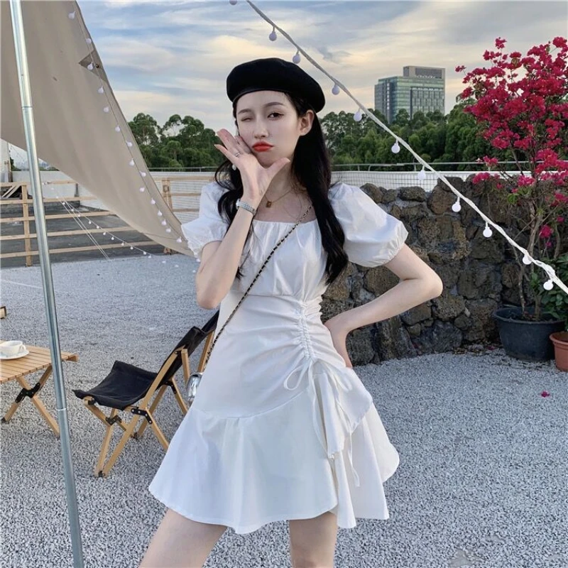 Cotton Puff Sleeves White Mini Dress Women's Summer French Pleated Asymmetrical Ruffled Square Neck Temperament Short Skirt
Cotton Puff Sleeves White Mini Dress Women's Summer French Pleated Asymmetrical Ruffled Square Neck Temperament Short Skirt