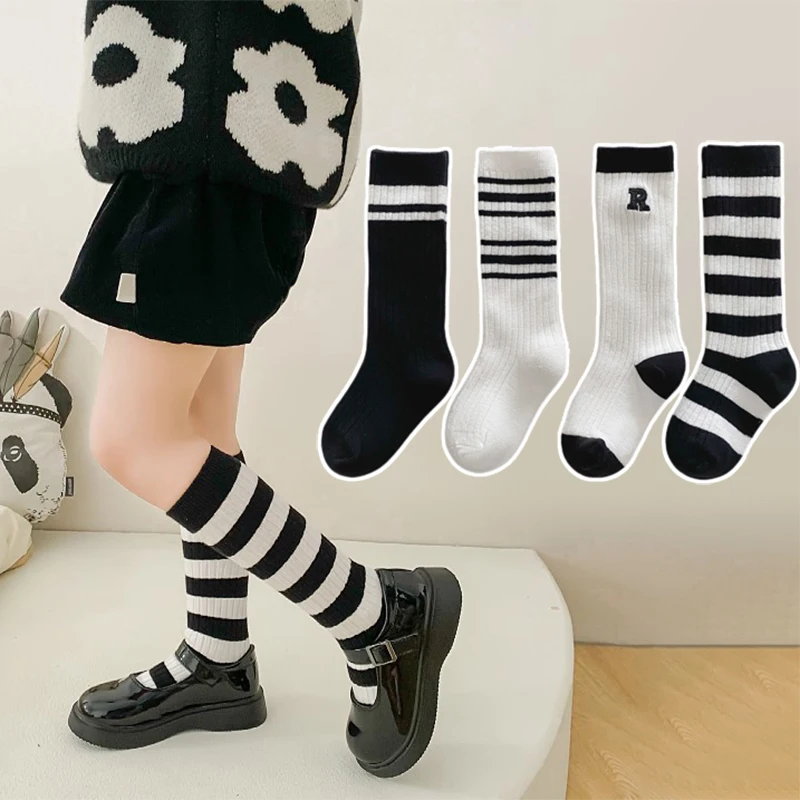 

Children School White Black Stripes Sport Socks Korean Knee High Long Stockings for Children Kids Boys Girls Baby Stuff Clothes