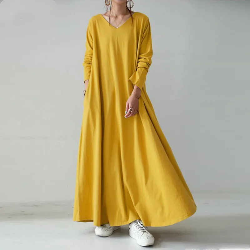 

Autumn new plus size casual 7XL 6XL 5XL fashion women's pocket collar long sleeve V-neck solid color swing dress