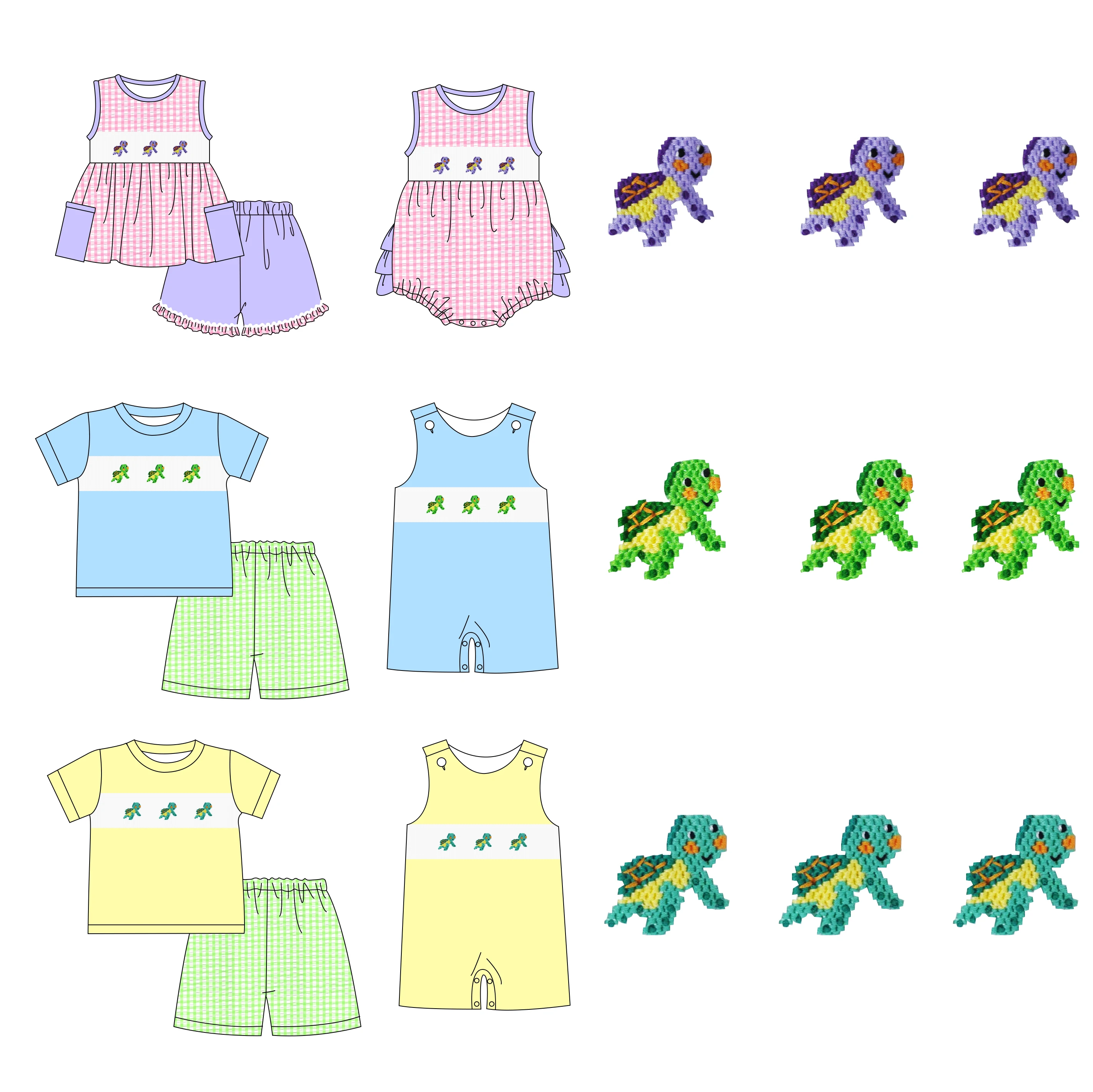 

Boutique Hand Smock Baby Short Sleeved T-shirt Round Neck Turtle Pattern Boy Top Clothes Shorts Set Gril Romper Kid Clothes