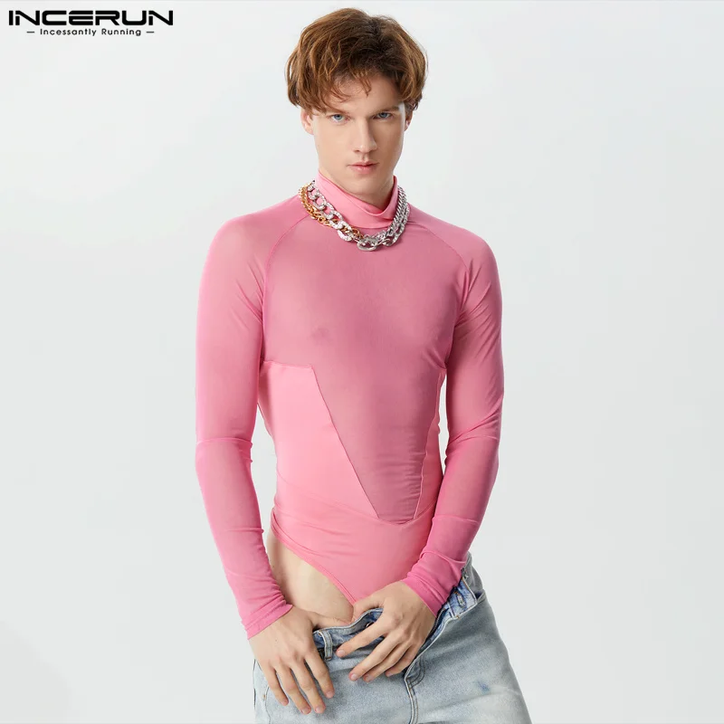 

Sexy Mens Homewear Mesh Splicing Perspective Jumpsuits Fashion Half High Neck Triangle Long Sleeved Bodysuits S-5XL INCERUN 2023