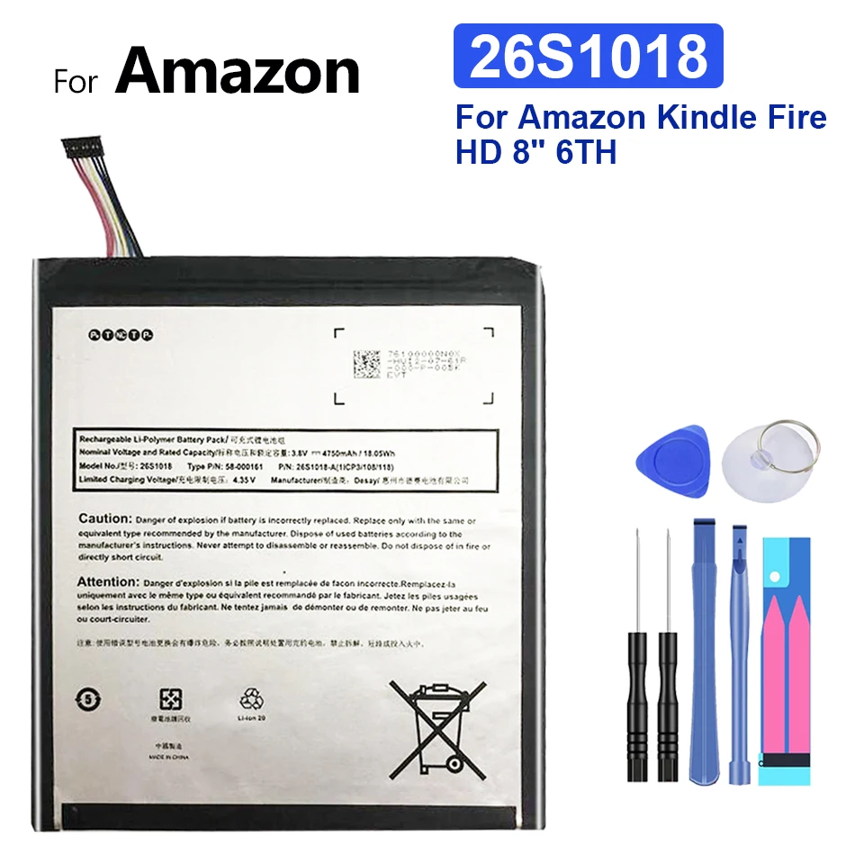 Replacement Battery 26S1018 for Amazon Kindle Fire HD, 8 ", 6TH GEN, PR53DC, MC-28A8B8, 4750mAh Battery
Replacement Battery 26S1018 for Amazon Kindle Fire HD, 8 ", 6TH GEN, PR53DC, MC-28A8B8, 4750mAh Battery