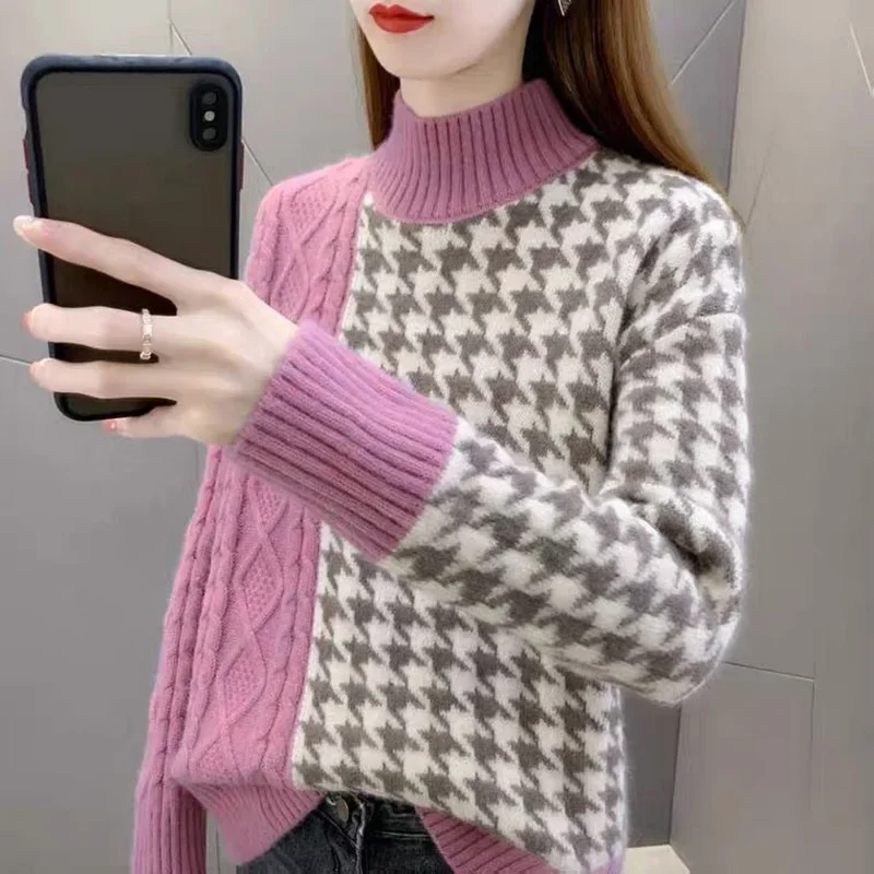 

Fashion Half High Collar Knitted Spliced Houndstooth Sweaters Female Clothing Autumn New Casual Pullovers Asymmetrical Top LJ267