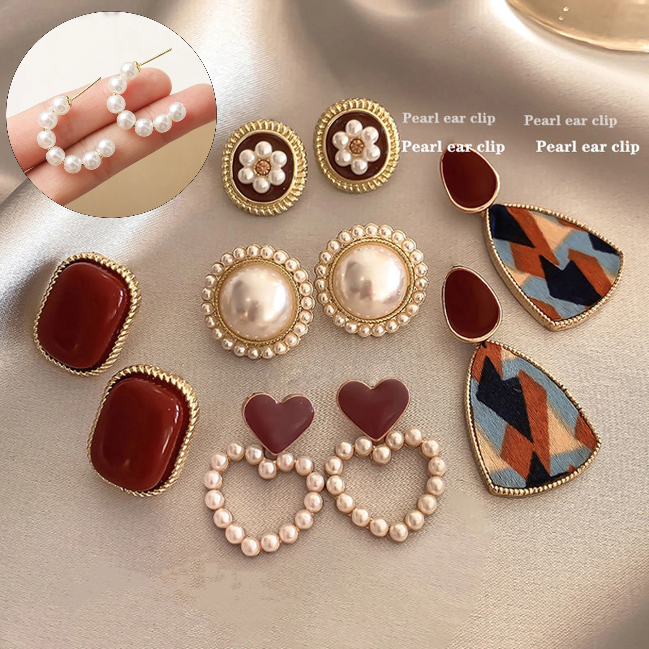 Boucles d'Oreilles en Émail de Style Rétro Rouge Vin pour Femme, Bijoux à la Mode, Sans Perçage, avec Perles, Vente en Gros 1