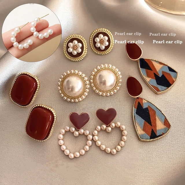 Boucles d'Oreilles en Émail de Style Rétro Rouge Vin pour Femme, Bijoux à la Mode, Sans Perçage, avec Perles, Vente en Gros 1