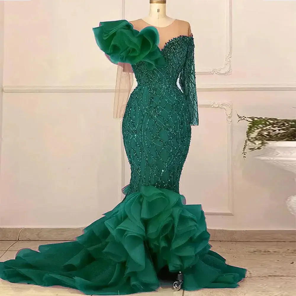 

Arabic Aso Ebi Green Lace Mermaid Prom Dresses Sheer Neck Long Sleeves Plus Size Evening Formal Party Second Reception Gowns