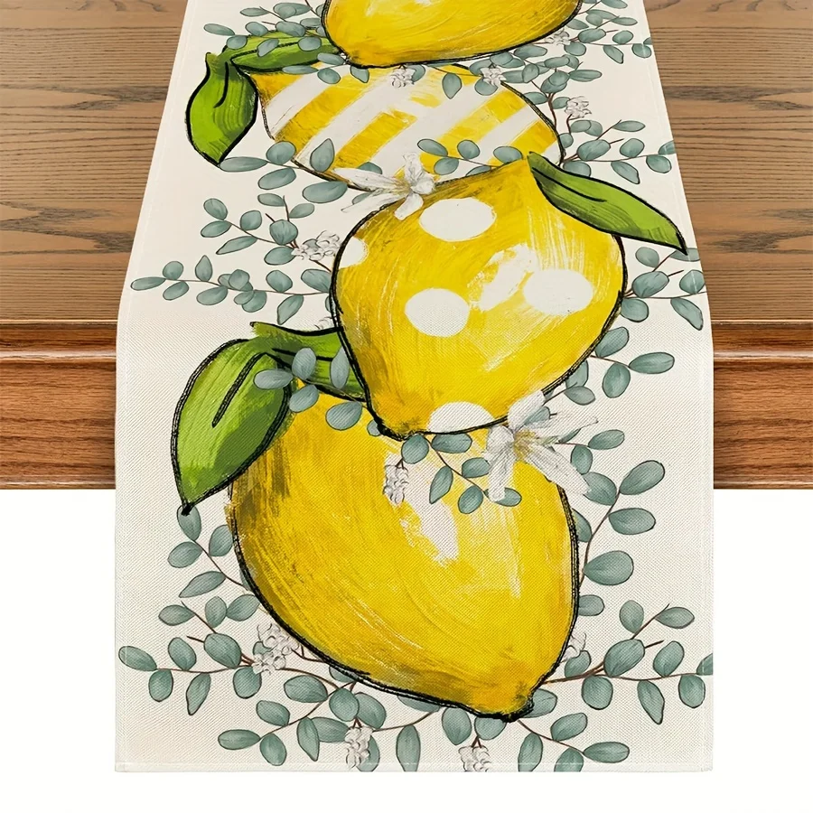 

Скатерть из листьев эвкалипта с рисунком свежего лимона, льняная настольная дорожка с летней тематикой, сезонная настольная декоративная детская кухня для обеденного стола