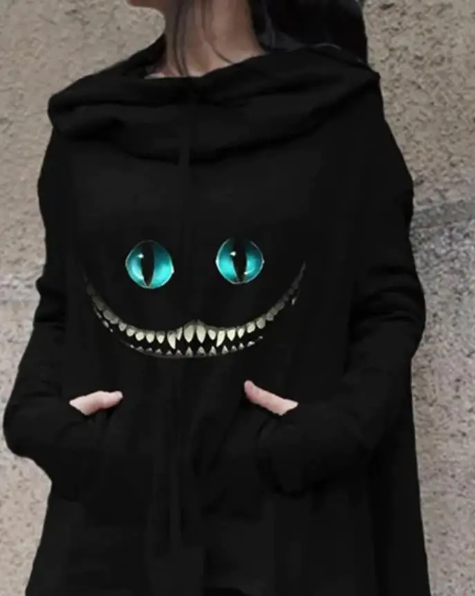 

Women's Top Halloween Graphic Print Dip Hem Hooded Sweatshirt 2024 Casual Dark Loose Asymmetric Pocket Design Long Sleeve Top