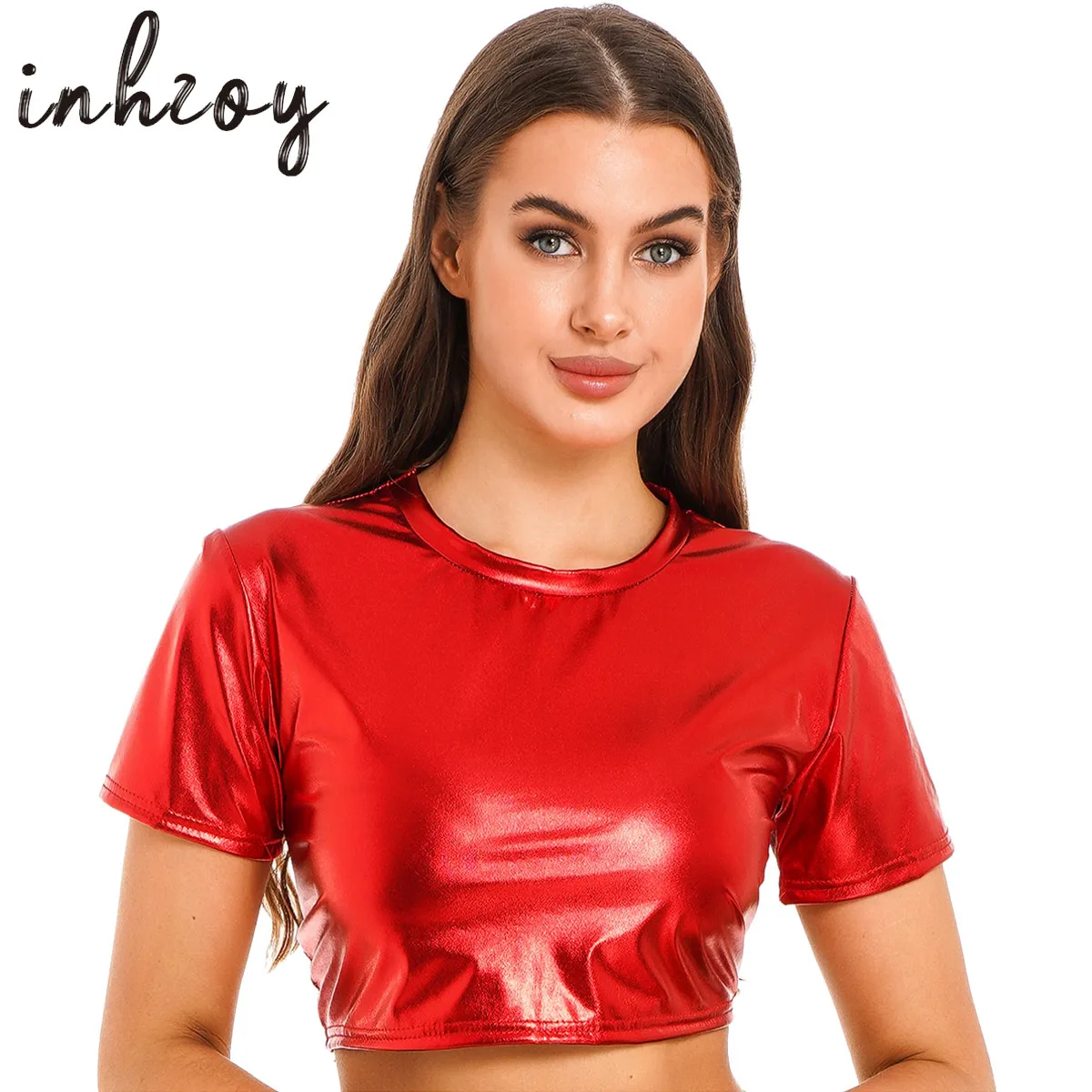 

Women Sexy Shiny Metallic Crop Top Wet Look Short Sleeve Holographic Cami T-shirt Tank Top Rave Dance Vest Top Party Clubwear