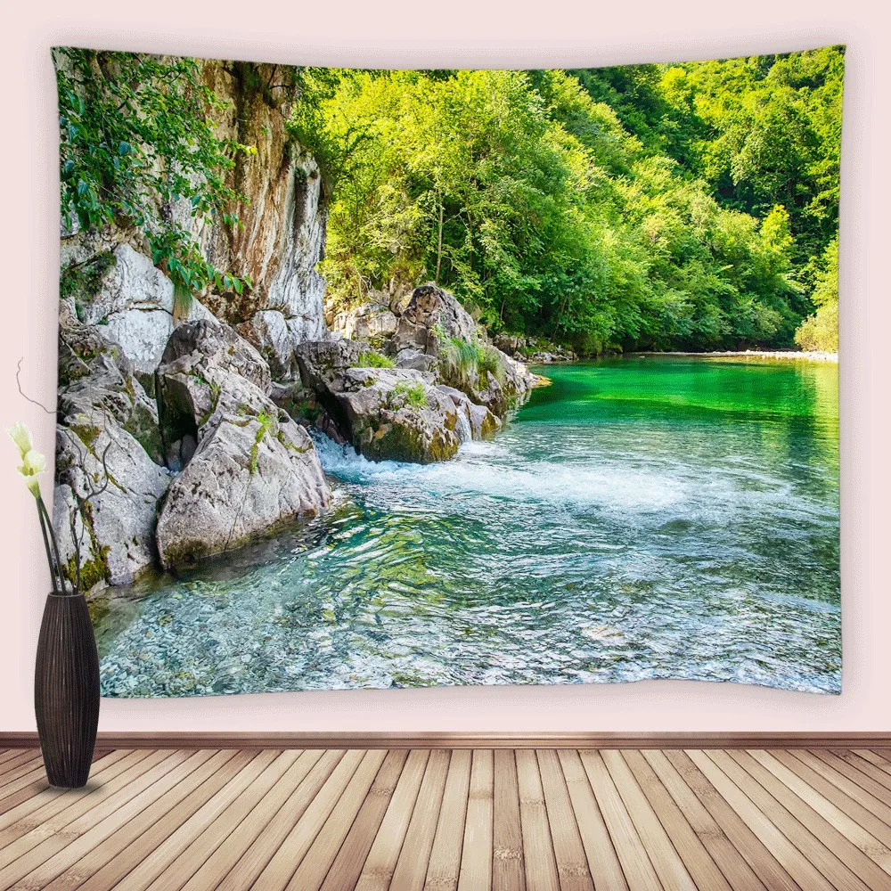 

Mountain Forest Stream Tapestry Rainforest Trees Scenery Landscape Wall Hanging Fabric Tapestries Living Room Bedroom Decor Home