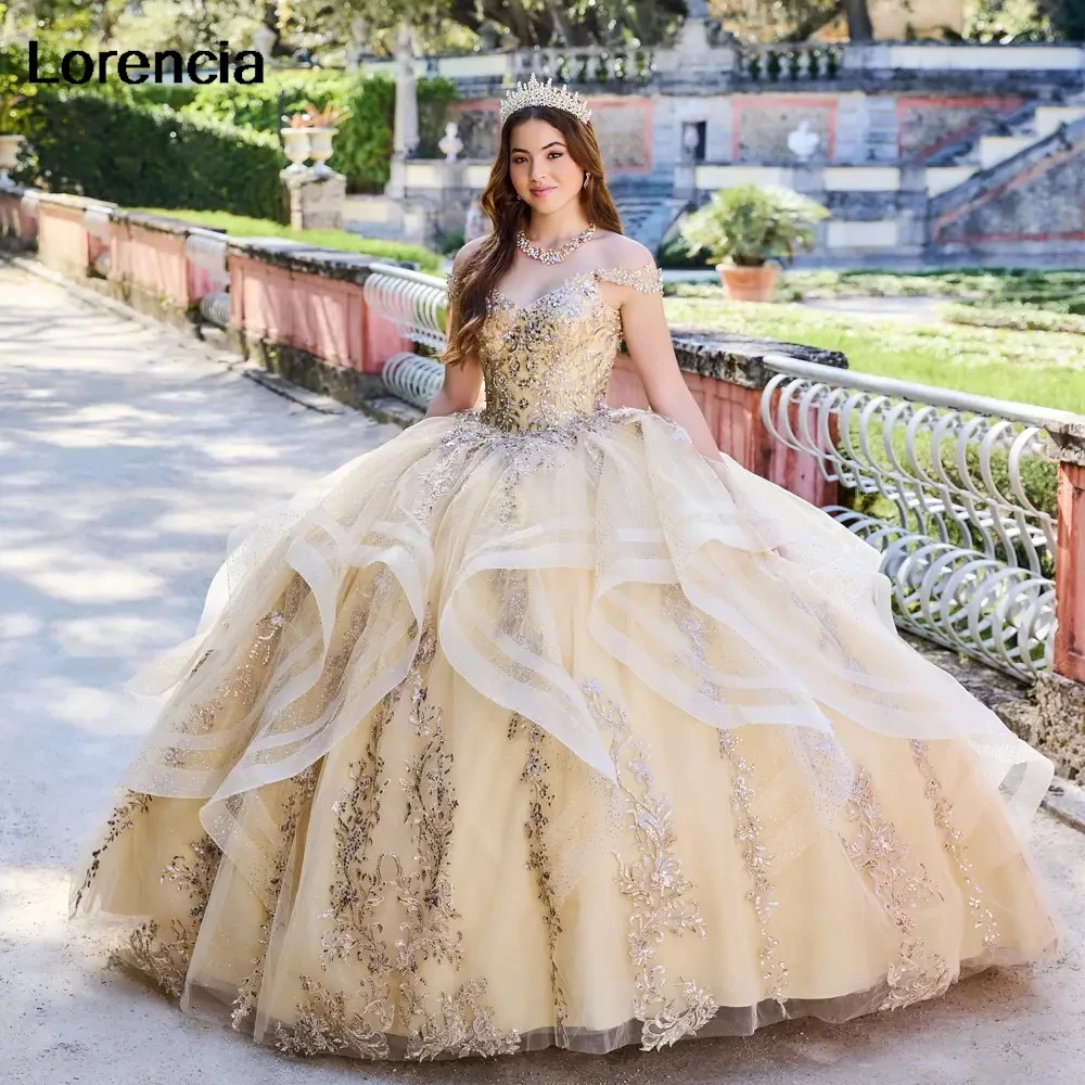 

Lorencia Shiny Gold Quinceanera Dress Ball Gown Lace Sequins Applique Beading Ruffles Corset Sweet 16 Vestidos De 15 Años YQD768