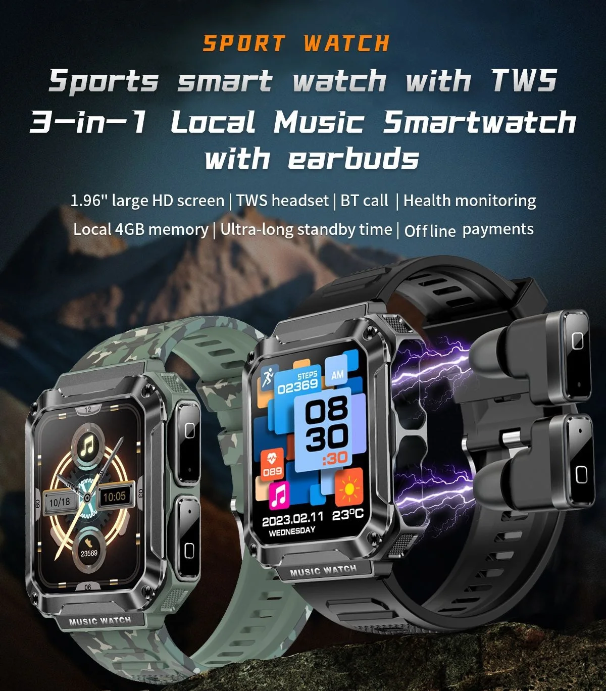 TWS Earphones 4GB Large Memory MP3 One-Touch Recordin Bluetooth Call 1.96 HD Screen Local Music Earbuds Sports Smartwatch T93
TWS Earphones 4GB Large Memory MP3 One-Touch Recordin Bluetooth Call 1.96 HD Screen Local Music Earbuds Sports Smartwatch T93