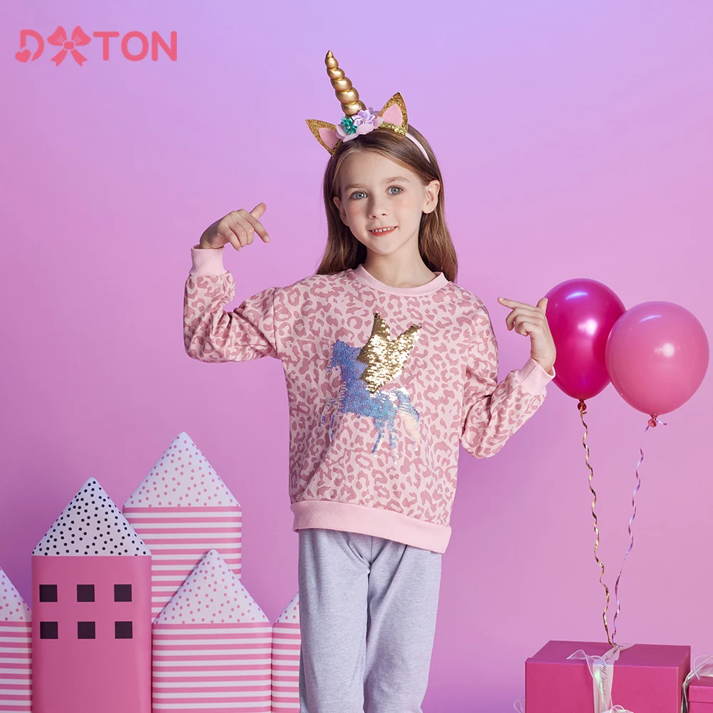 

DXTON Long Sleeve Kids Tops For Girls Winter Children Toddlers Sweatshirts Cotton Sequined Cartoon Unicorn Girls T-shirts 3-12Y