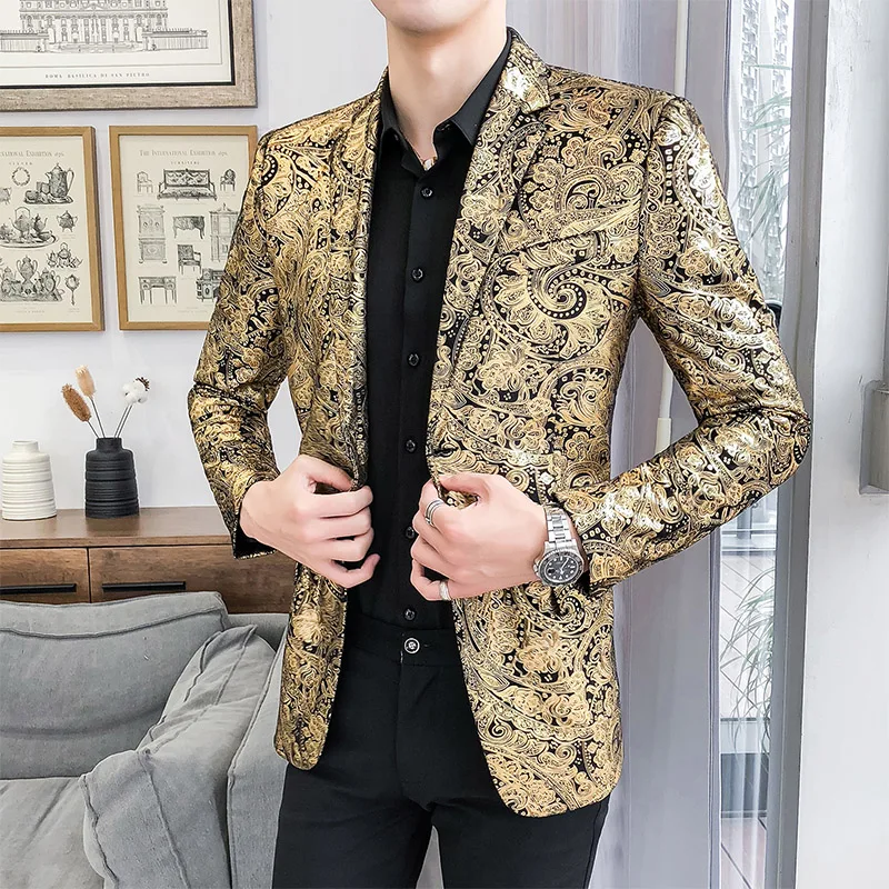 

Популярный золотистый костюм сезона осень-зима 2024, мужской костюм для выступления, приема, модный костюм большого размера для выступлений, модный пиджак для ночного клуба