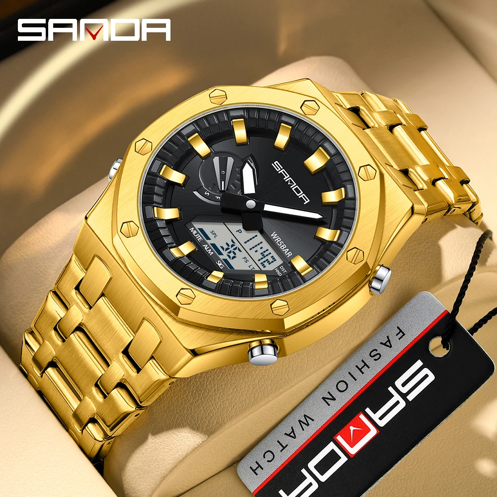 

Новинка 3357, электронные часы Sanda со стальным ремешком, модные и стильные мужские многофункциональные электронные часы