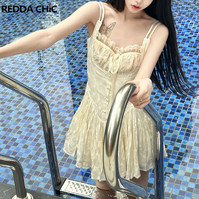 

REDDACHiC Women's Jacquard Ruffle Mini Dress Retro Square Neck Lace Trim Spaghetti Straps Elastic Waist One-piece Summer Clothes
