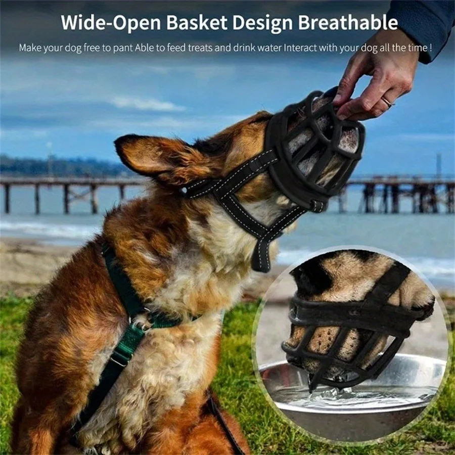 Adjustable Dog Muzzle | Breathable Comfortable for Small to Large Dogs A German Shepherd wearing a breathable basket muzzle while being fed a treat through the cage by a human hand. An inset circular image shows the same dog drinking water from a bowl while wearing the muzzle. The text highlights a "Wide-Open Basket Design" that is "Breathable."