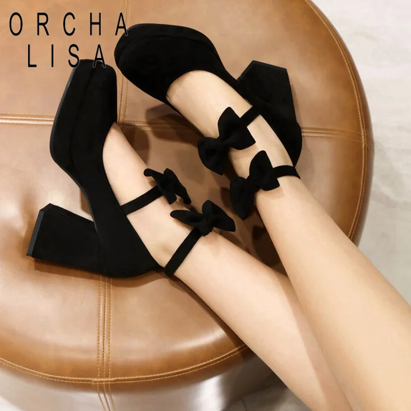 

ORCHA LISA 2024 New Women Pumps Flock Pointed Toe 8.5cm Block Heel 2cm Platform Buckles Brand Design Big Size 43 Apricot Black