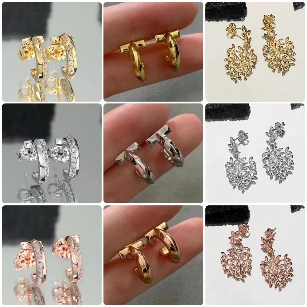 

2024 S925 Sterling Silver Hoop Earrings for Women Famous Brand Series Classic Clasp Jewelry Simple Temperament Leaf Clover Drop