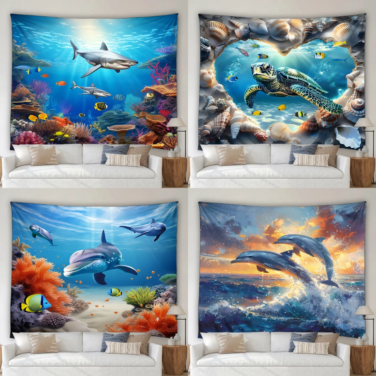 

Ocean Animal Tapestry Underwater Whale Turtle Tropical Fish Coral Garden Home Live Room Dormitory Decor Wall Hanging Washable