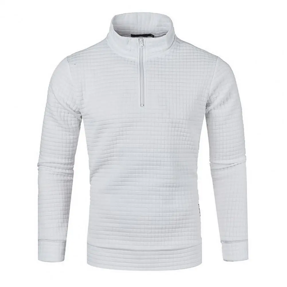 

Warm Sweatshirt Stylish Men's Mid-length Pullover Warm Elastic Grid Texture Sweatshirt with Stand Collar Zipper for Fall Winter