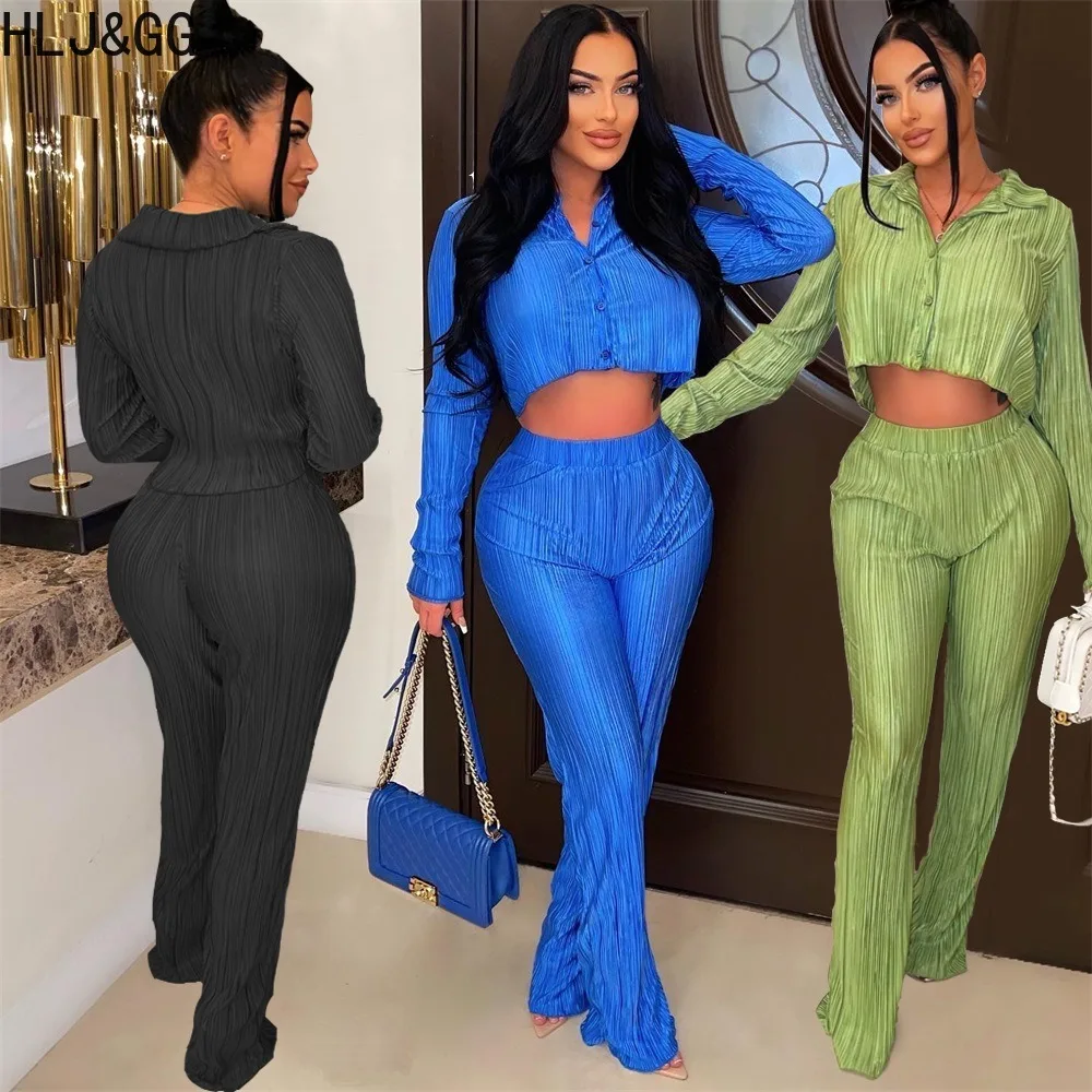 

HLJ&GG Fashion Ruched Solid Shirts Two Piece Sets Women Turndown Collar Button Long Sleeve Crop Top And Pants Outfits Streetwear