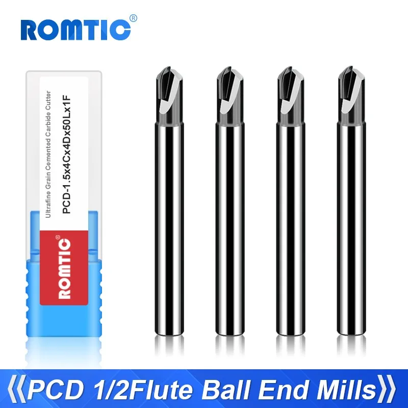 

ROMTIC PCD 1/2F Graphite Ball End Milling Cutter Diamond High Beam Mirror Dedicated End Mills CNC Mechanical Maching Tools