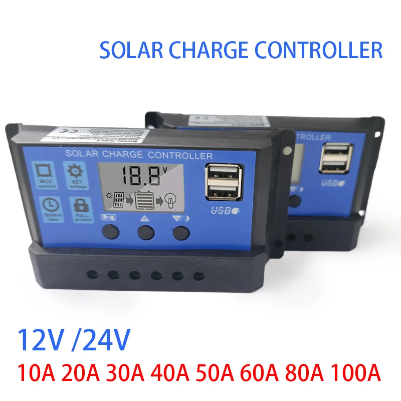 

New 12V 24V 10A 20A 30A 40A 50A 60A 80A 100A,Adjustable LCD Panel Battery Regulator With USB Interface,Solar Charging Controller