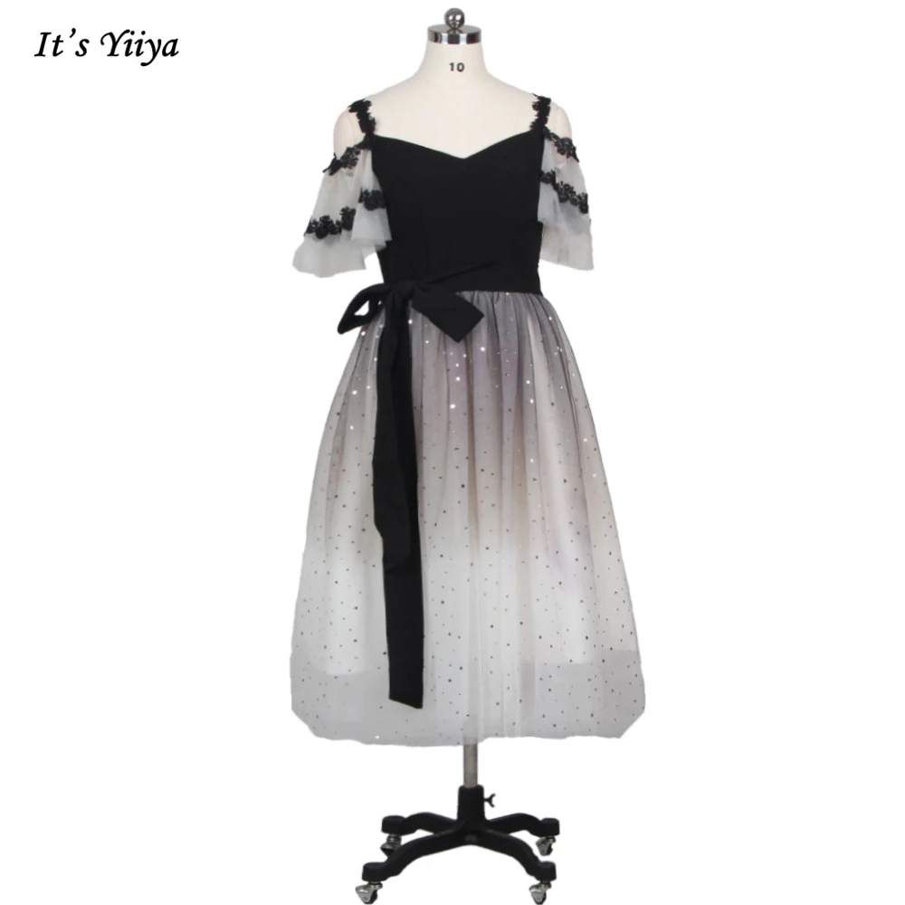 

It's Yiiya Evening Dresses Spaghetti Strap A Line Robe De Soiree Black Gradient Tulle Pleat Tea-length Women Party Gown BR262