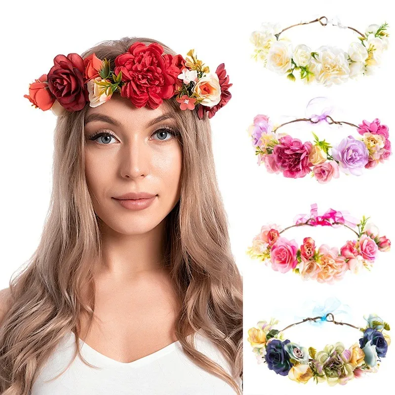 

Bohemia Crown Flower Headbands Ribbon Bowknot Floral Hairbands for Women Bride Hair Hoops Beach Wedding Girls Hair Accessories
