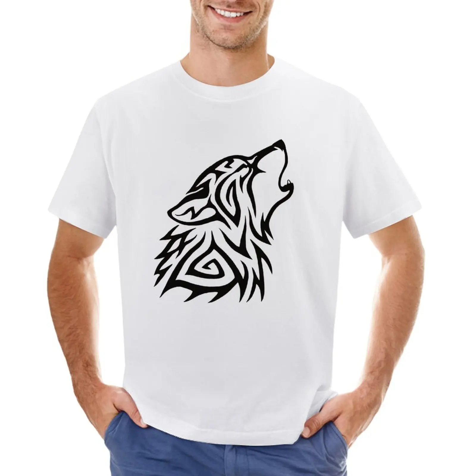 

Tribal Wolf Howl T-Shirt kawaii clothes Short sleeve tee Aesthetic clothing korean fashion t shirts for men