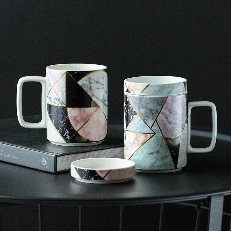 

Ceramic Nordic Geometric Texture Mug Household Office Breakfast Milk Coffee Tea Mug With Lid Marble Ceramic Cup Gift Drinkware