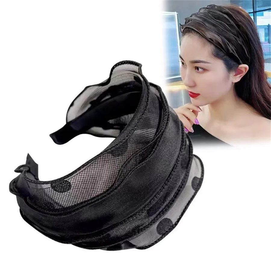 

Hot sales New fashion retro printed wave headband women's lace mesh bow wide-brimmed hairband hairpin hair accessories wholesale