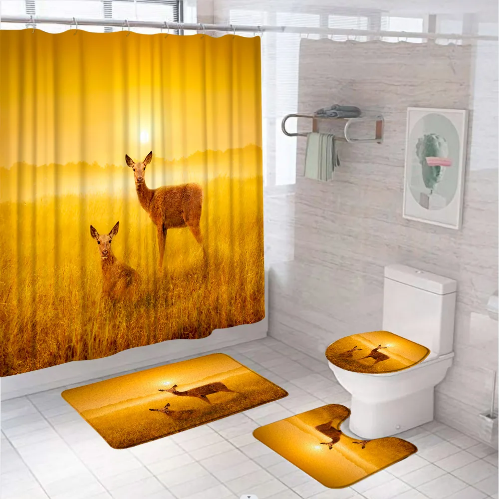 

Cute Deer Shower Curtain Sets Animal Fall Western Grassland Sunset Scenery Bathroom Curtains Non-Slip Rugs Toilet Cover Bath Mat