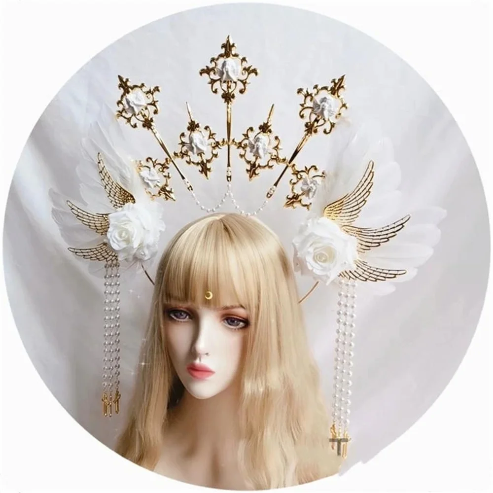 

Lolita Vintage Headband Angel Gold Halo Goddess Headpiece Virgin Mary Halo Crown Bead Chain Baroque Tiara Headwear