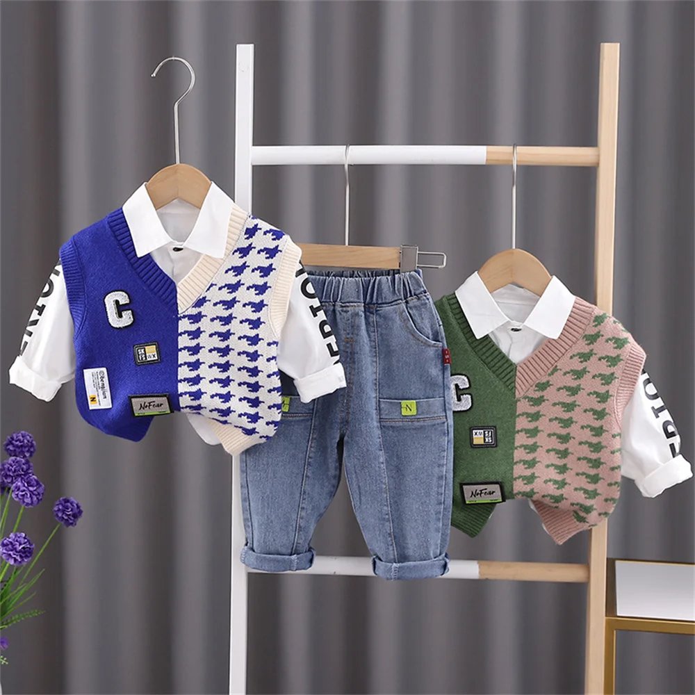 

New Autumn Children Sports Sets Boys Waistcoat Fashion Long Sleeve Shirt + Jeans Sweatpants Suit Kids Outfit 3 PCS