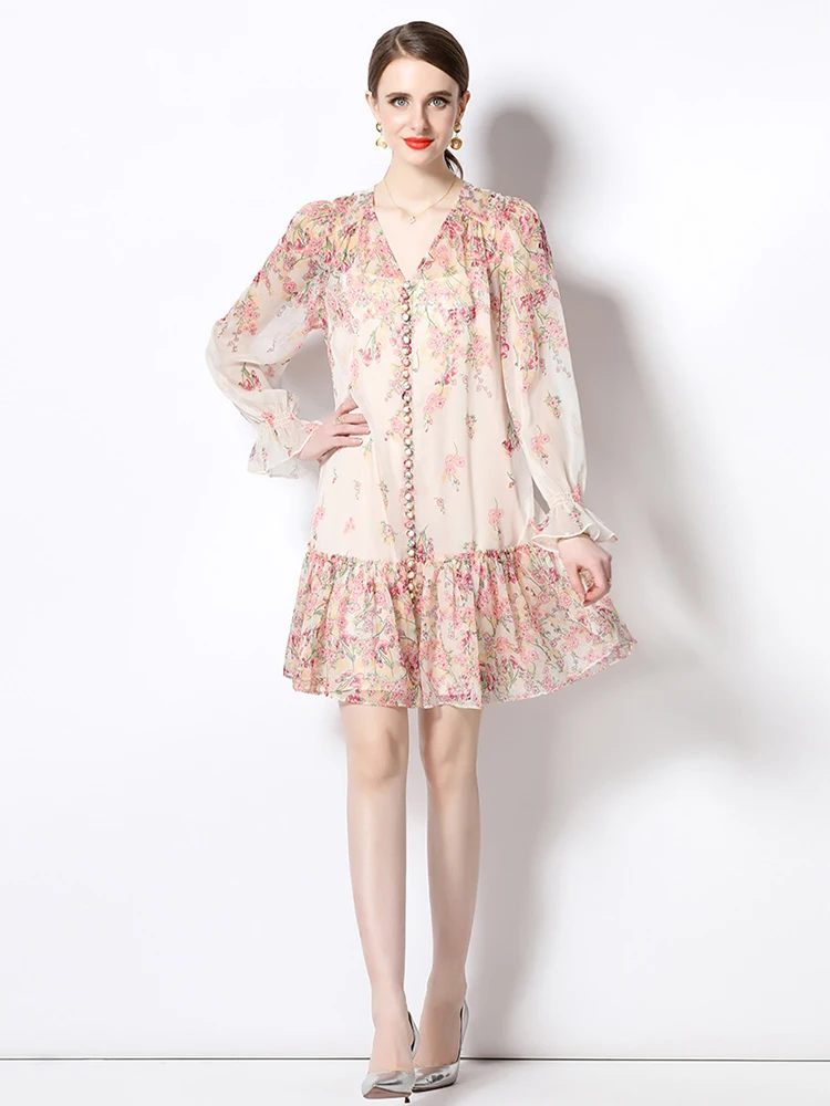 Spring Women Floral Chiffon Mini Dress V-Neck Flare Long Sleeve Belt Lace Up Ruffles Vestidos Pink Robe Female Fashion A1319
Spring Women Floral Chiffon Mini Dress V-Neck Flare Long Sleeve Belt Lace Up Ruffles Vestidos Pink Robe Female Fashion A1319