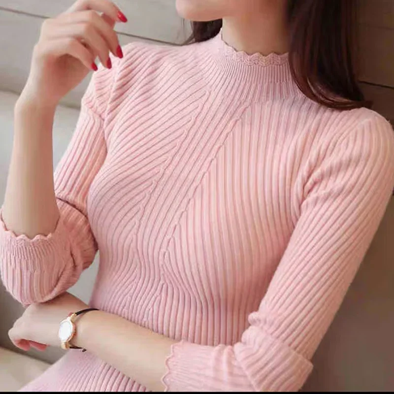 

Women Mock Neck Ruffles Sweater Long Sleeve Knitted Bottoming Solid Pullovers Women Casual Stripe Sweater Autumn Winter HOT 2024