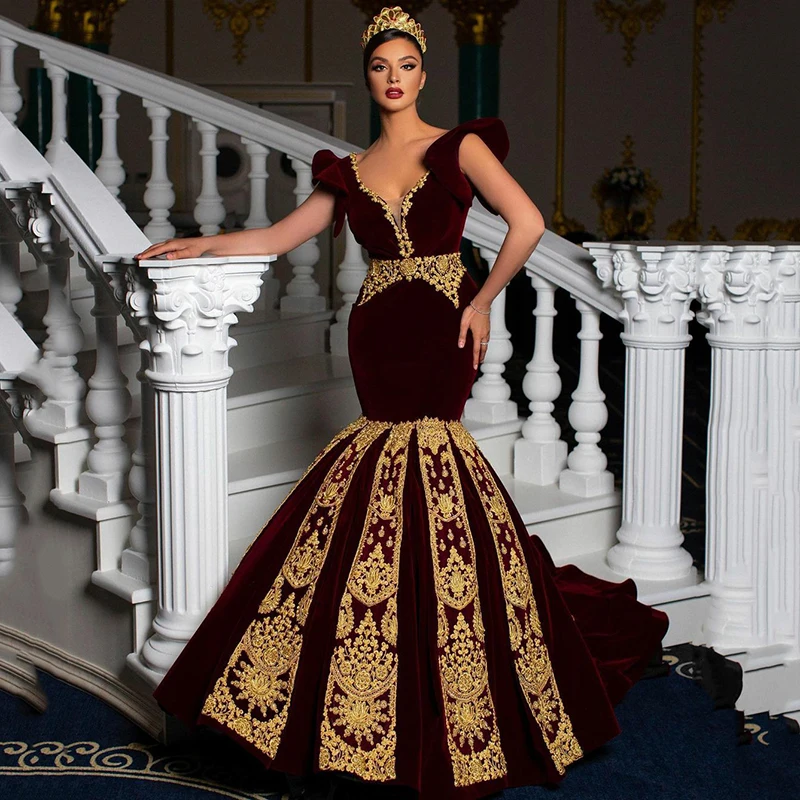 

VD бордовое марокканское платье Caftan вечернее платье Русалка Дубай Саудовская Версия Вышивка велюровая аппликация исламское платье для выпускного вечера 2024