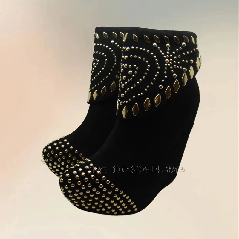 

Gold Rivets Decor Black Strange Style Heels Platform Boots Slip On Women Shoes Novel Sexy Fashion Party 2023 Zapatos Para Mujere